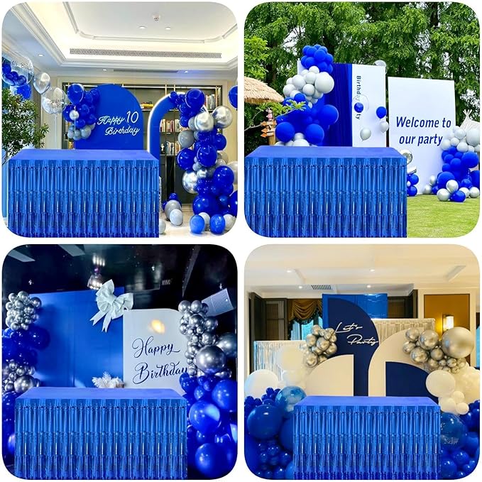 Blue Streamers Party Decorations, 2 Packs Blue Table Skirts Metallic Foil Fringe Tinsel for Birthday Under the Sea Boy Baby Shower Float Parade Mardi Gras Graduation Party Supplies -29x108Inch