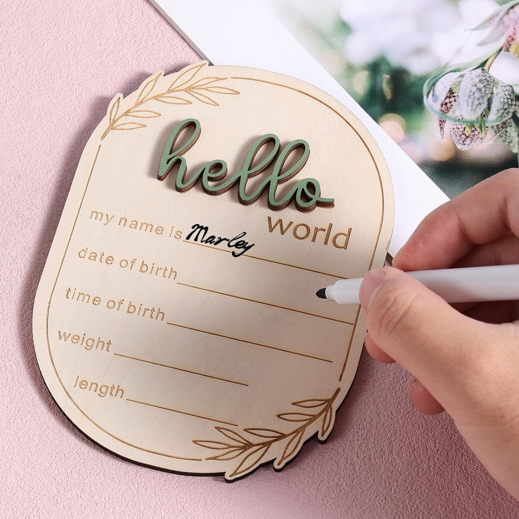Baby Announcement Sign, 5.91x4.13 Inch Wooden Hello World Baby Name Sign Newborn Announcement Sign Birth Announcement Plaque for Home Hospital Nursery