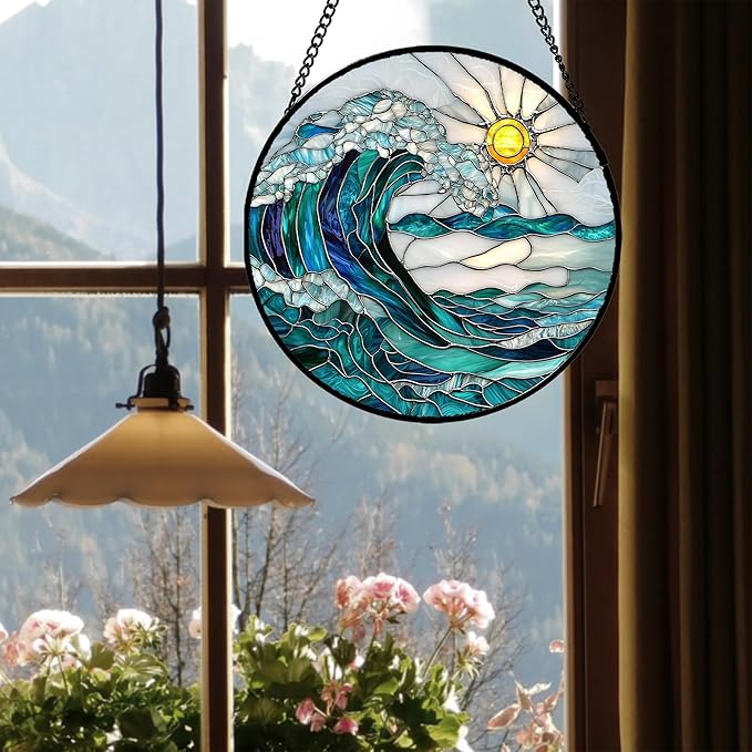 Stained Glass Window Hanging - Blue Green Waves Suncatcher for Door Terrace Garden Home Decor Sunrise Over The Sea Sun Catcher Birthday Gifts for Lovers Women Men Dad Mom Nana7.8 in