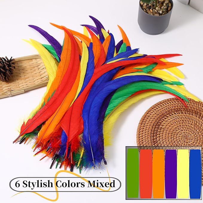 Holmgren Colorful Rooster Tail Feathers - 60pcs 12-14inch Natural Long Rooster Tail Feathers Bulk for DIY Crafts Hats Costume, Holiday Themed Party Decoration (Colorful)
