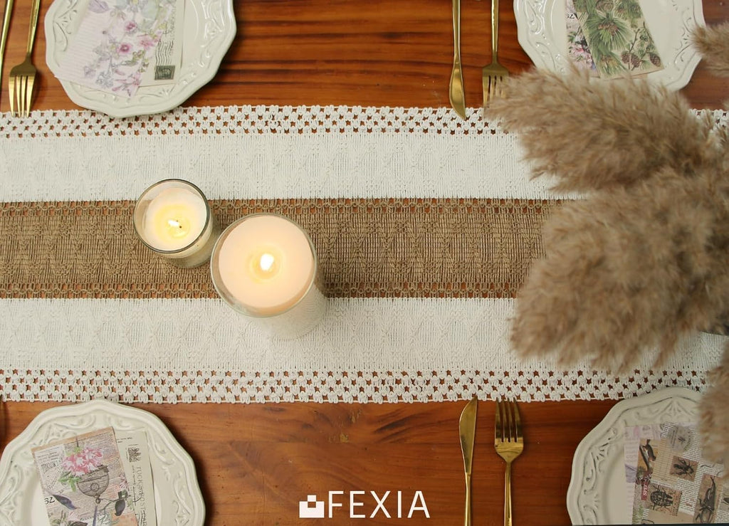 FEXIA Boho Table Runner for Home Decor with Tassels 72 Inches Farmhouse Long Pottery Barn Furniture Rustic Macrame Burlap Table Decoration for Living Room Bridal Shower (12x72 Inches)