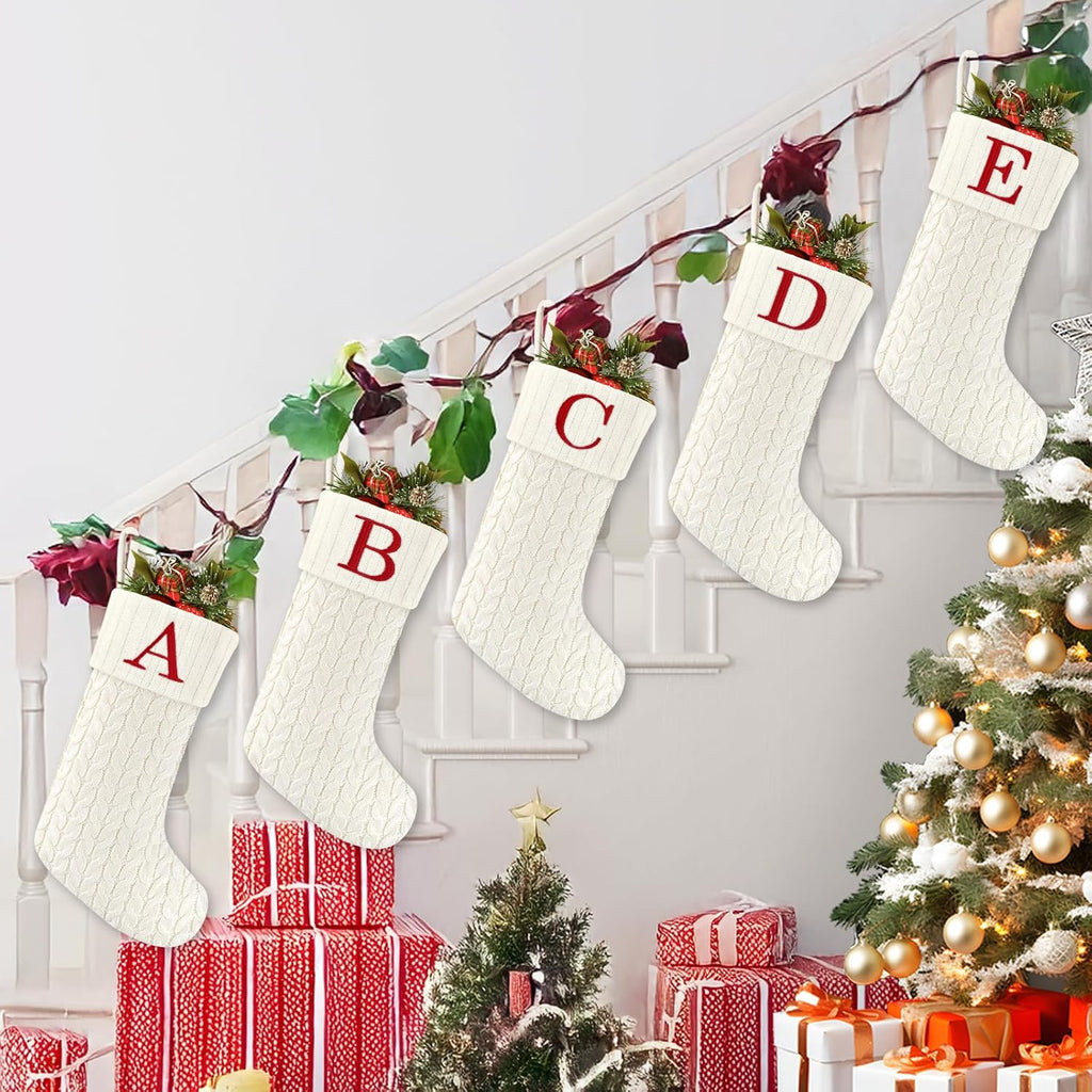 20 Inches Christmas Stockings with Initials,Knit Embroidered Letter White Christmas Stocking,Monogram Christmas Stocking for Famliy Holiday and Xmas Tree Fireplace (Letter-J)