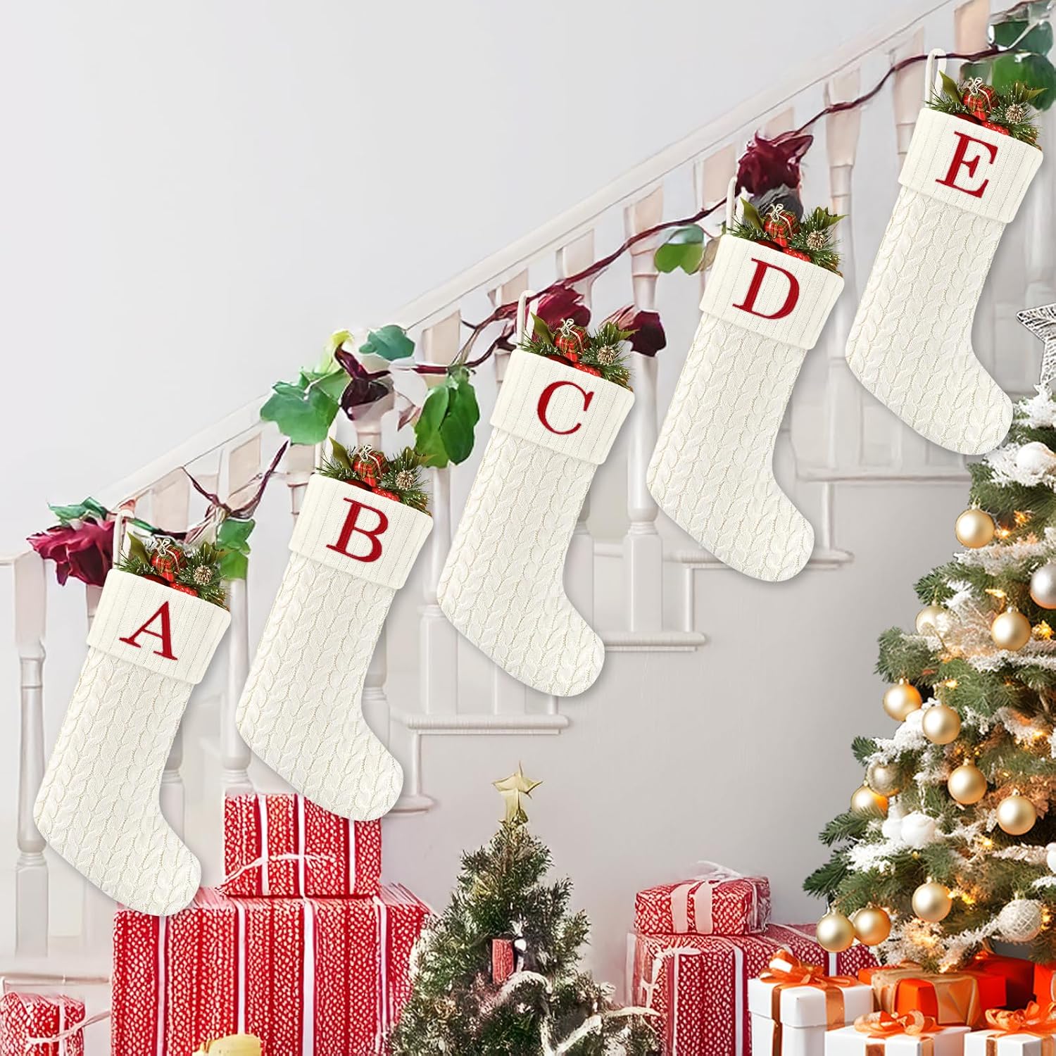 20 Inches Christmas Stockings with Initials,Knit Embroidered Letter White Christmas Stocking,Monogram Christmas Stocking for Famliy Holiday and Xmas Tree Fireplace (Letter-J)