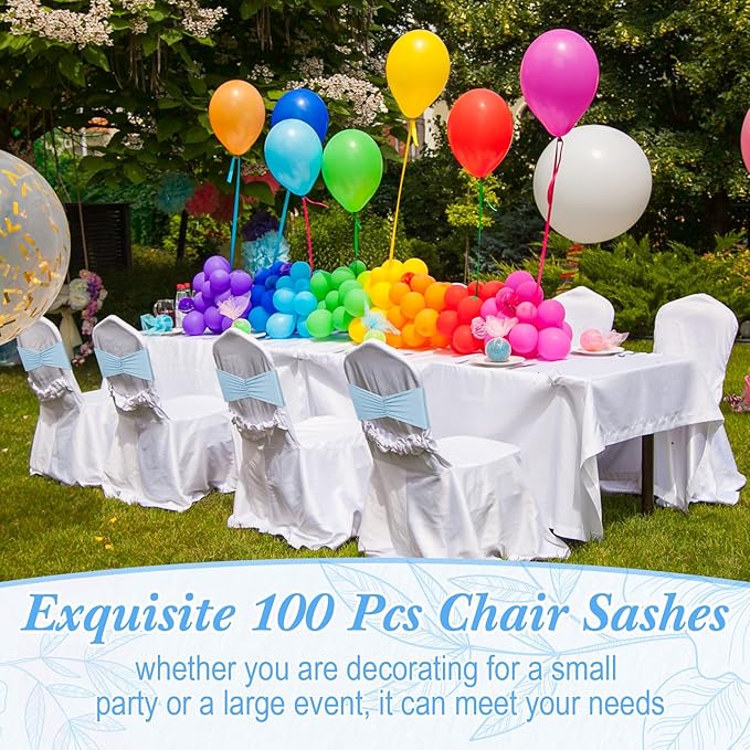 Moukeren 100 Pcs Spandex Chair Sashes Bows Bands Slider Sashes for Chair Covers Elastic Bands Ties Ribbon Decorations for Wedding Party Events Ceremony Birthday Banquet(Sky Blue)