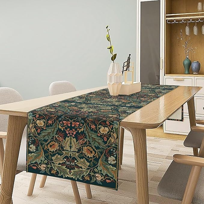 Green Morris Floral Table Runner, Boho Rustic Country Farmhouse Teal Red Rose Pattern for Home Kitchen Table Decor Dining Coffee Room Party Decor 13x36in