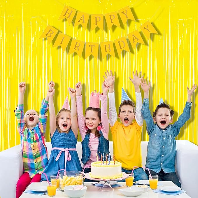 BRAVESHINE Foil Fringe Curtain Backdrop - 2 Pack Yellow Tinsel Photo Booth Backdrop Party Streamers for Easter, Birthdays, Christmas, Lemon, Pineapples, Kids' Party Decorations