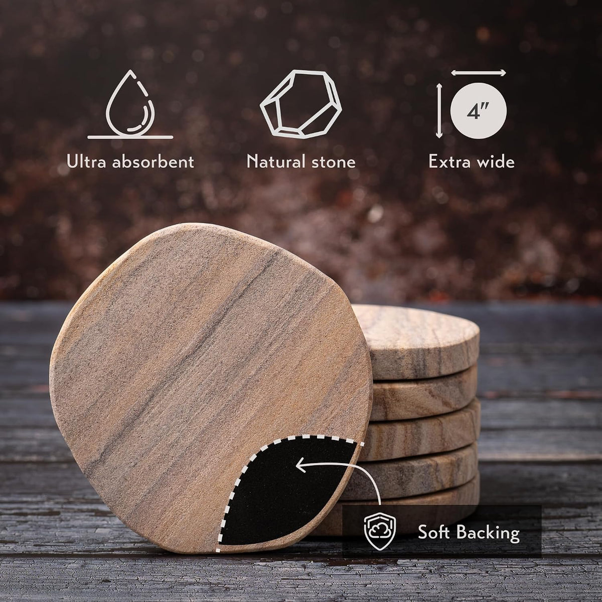 Cork & Mill Absorbent Sandstone Coasters for Drinks, Set of 6