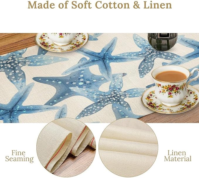 Starfish Plaid Table Flag Green Plaid and Marine Life Starfish Kitchen Table Flag Suitable for Birthday Party Restaurant Decoration Outdoor Picnic 13 * 120 Inch