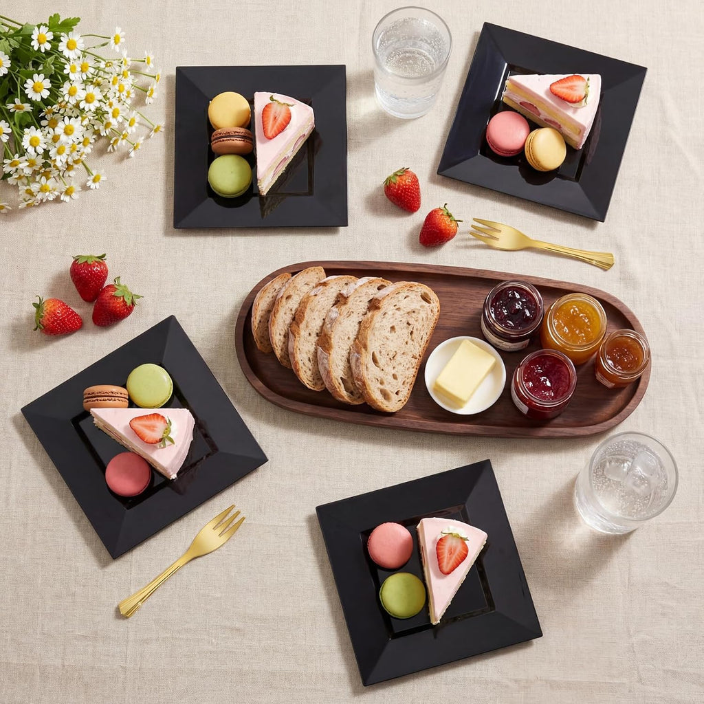 supernal 200pcs black square plastic dessert cake plates, close-up detail