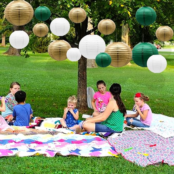 ADLKGG Green Gold Paper Lanterns Party Decorations, Round Hanging Lantern for St. Patrick's Day, Graduation, Wedding, Tropical Jungle Theme Birthday Party Football Theme Baby Shower Decorations