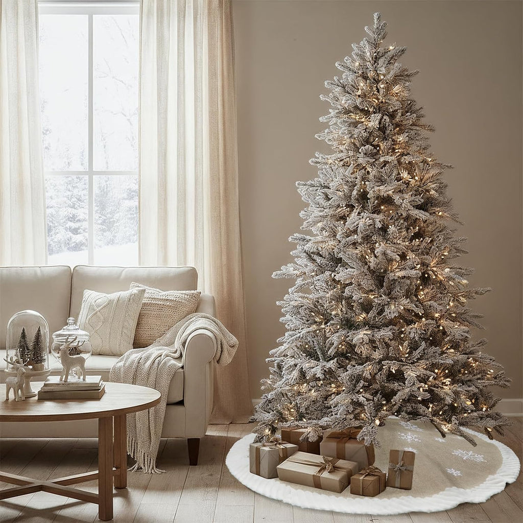 OurWarm Christmas Tree Skirt 60 inches, Burlap Tree Skirt for 7.5 ft Tree to 9 ft Tree, Large Snowflake Tree Skirt with Faux Fur, Xmas Tree Skirts for Winter Indoor Holiday Christmas Tree Decor