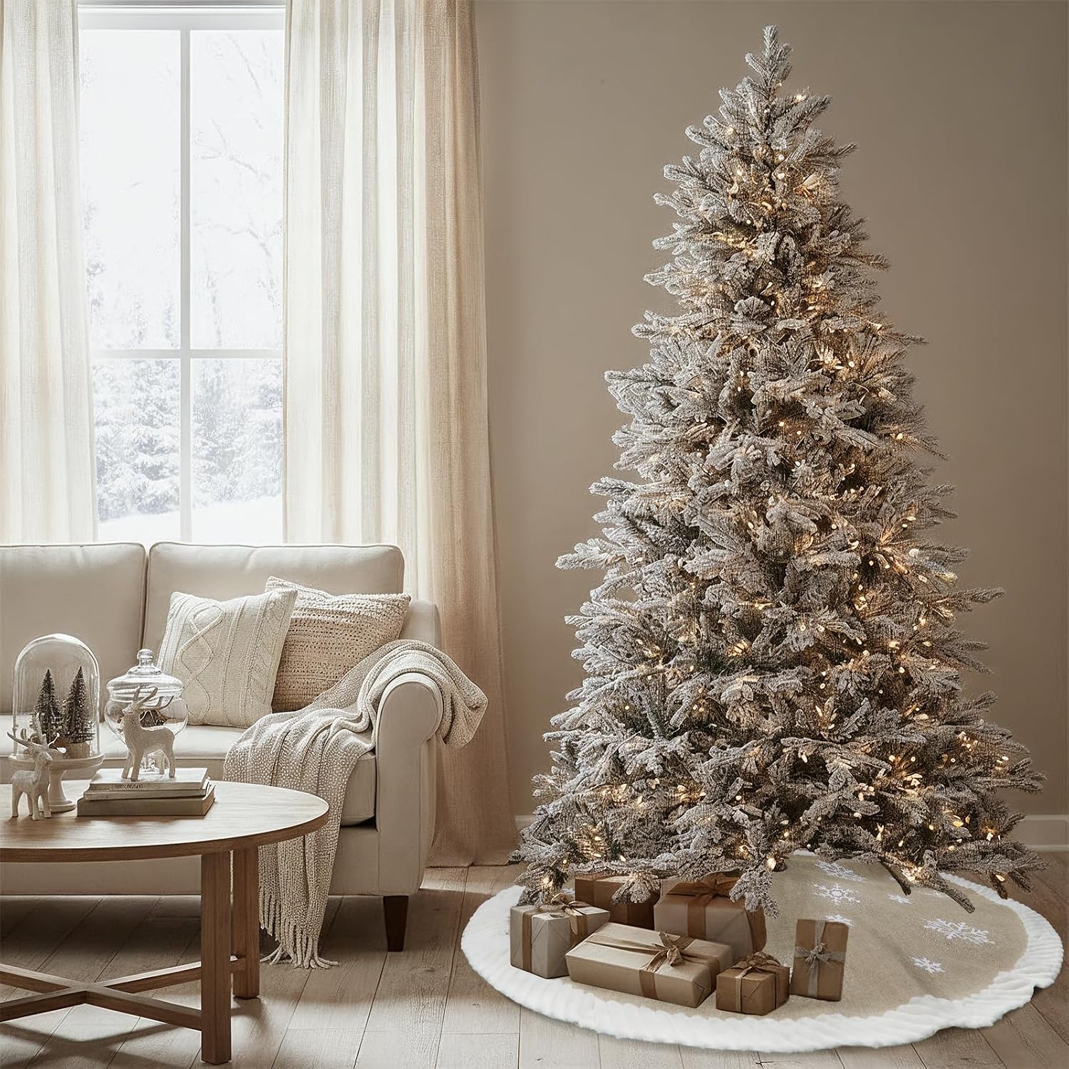 AerWo 60 inch Christmas Tree Skirt with White Snowflake, Large Burlap Tree Skirts with Fur Border, Rustic Farmhouse Tree Skirt for Xmas Tree Decorations Indoor Outdoor Holiday Decor
