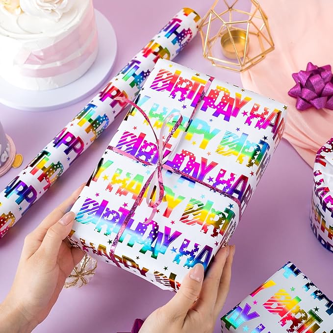 Yarcony Birthday Wrapping Paper Roll, Gift Wrapping Paper, Colorful Foil Girl Happy Birthday Gift Wrap Rainbow Present Paper for Kids Boys Girls, Holiday,Party,Baby Shower(17 Inch X 33 Feet)