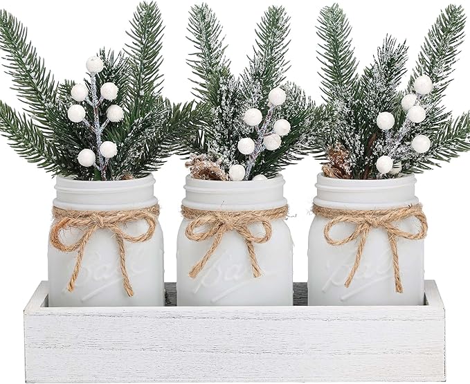 Mason Jars by Winter White, White Centerpieces & Wood Tray, 3 Decorative Jars for Home Table Decor, Farmhouse Dining Table & Kitchen Decorations