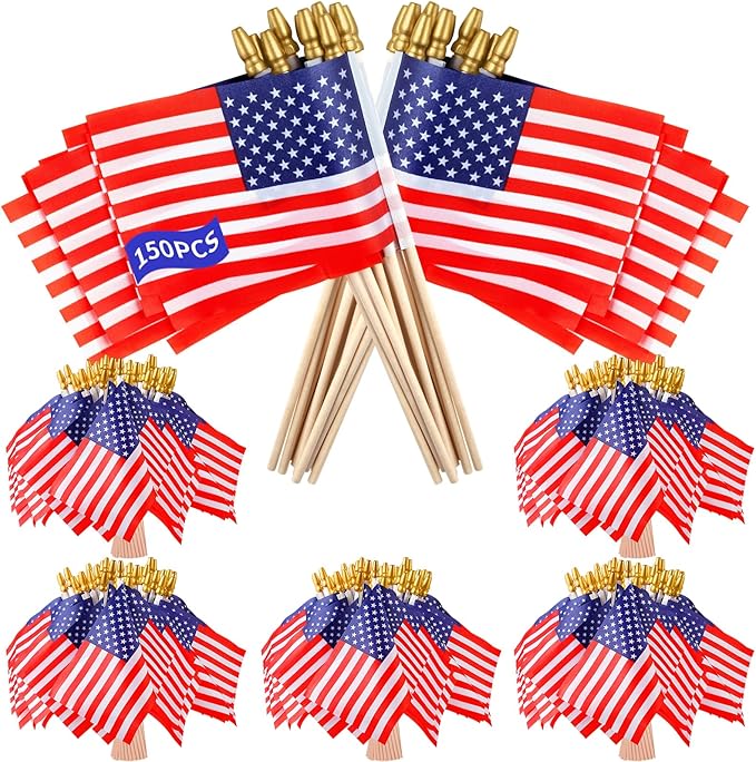 150pcs Small American Flags on Stick, Handheld 4 x 6 Inchs Mini American Flags with Kid-Safe Golden Spear Top, US Flags for 4th of July Decorations Outdoor, Independence Day Decorations