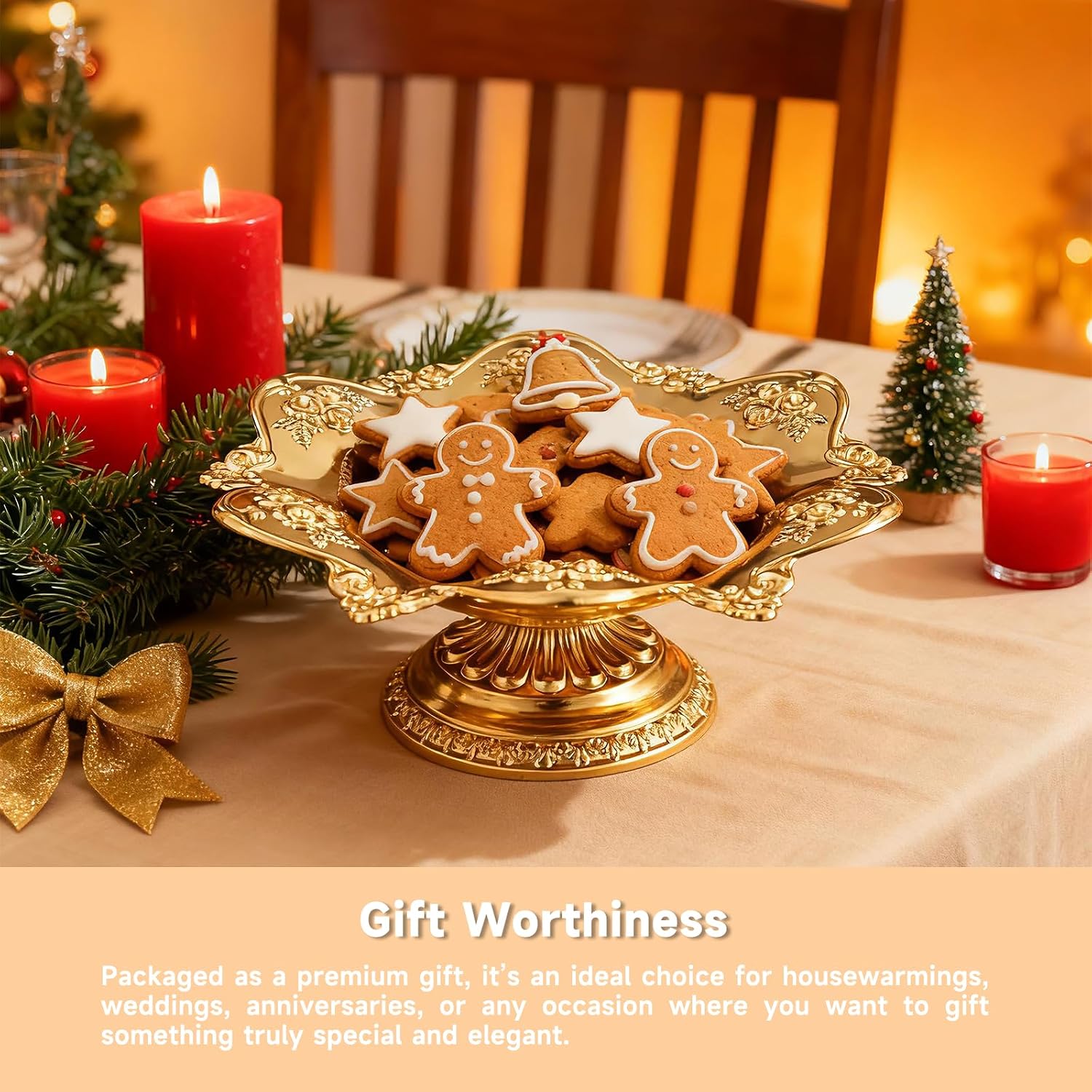 Golden Fruit Bowl for Kitchen Counter, Christmas Decorative Bowl for Home Decor, Serving Tray for Candy Dish Pedestal Floating Flowers Diwali Candles, Buddhist Offering Plate