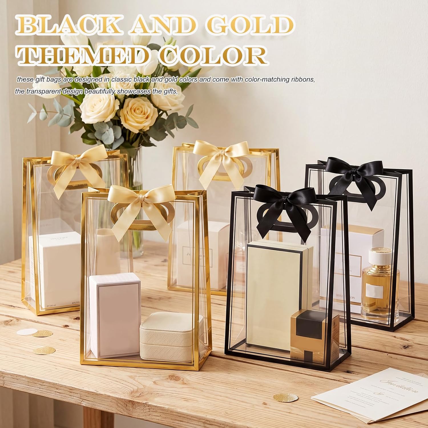 Mooliwe 24 Pcs Black Gold Gift Bags with Handles, Clear Plastic Gift Bags with Ribbons Reusable Tote Bag for Birthday Weeding Party Supplies Company Business Events
