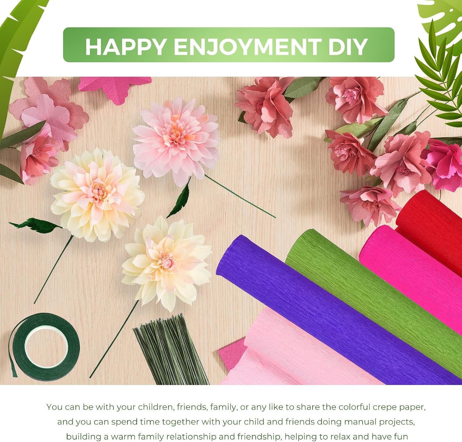 24 Rolls 15 Colors 8 ft Crepe Paper 10 Inch Crepe Paper Streamer with 50 Pcs Green Floral Iron Wire 1 Roll Green Floral Tape for Flower Making Supply Birthday Wedding Festival Ornament(Bright Colors)
