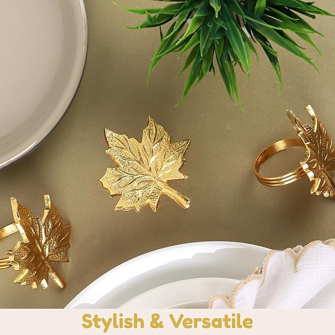 Set of 12 Maple Leaf Napkin Rings - Handcrafted Aluminum Napkin Holders for Cloth & Paper Napkins, Elegant Table Décor for Wedding Receptions Thanksgiving Christmas Holiday Parties (Gold) CLEENTABLE