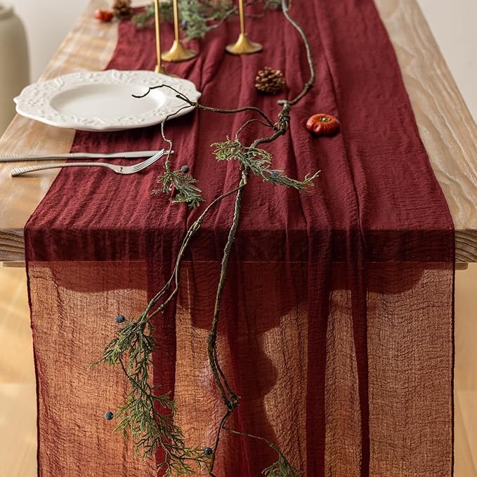 3pcs Burgundy Cheesecloth Table Runner Gauze 120 Inch 10 FT Rustic Boho Cheese Cloth Runner for Wedding Baby Shower Bridal Shower Engagement Birthday Party Long Sheer Home Decorations