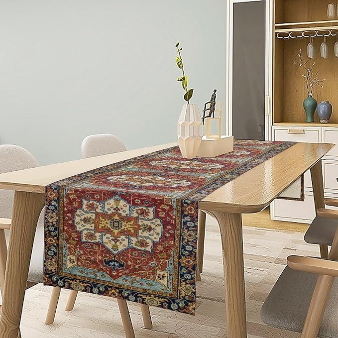 Vintage Boho Floral Table Runner, Rustic Country Farmhouse Red Blue Gold Retro Flower Pattern for Home Kitchen Table Decor Dining Coffee Room Party Decor 13x72in