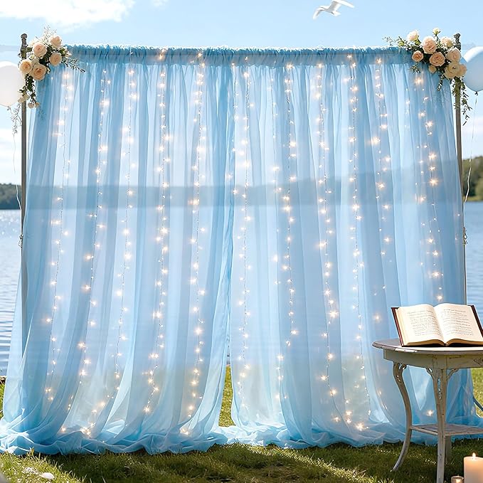 10×8ft Tulle Backdrop Curtains with Lights String - 300LED Fairy Lights Sheer Curtain Backdrop for Weddings Baby Shower and Birthday Party Decorations(6 Panels 5×8ft)