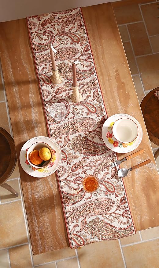 ISAENNE Designer Elegant Red Linen Table Runner 102 Inches Long,Vintage Paisley Pattern Durable Table Runners for Dining Tables,Thanksgiving,Kitchen Tables,Christmas,12"*102"-Chauffrey A