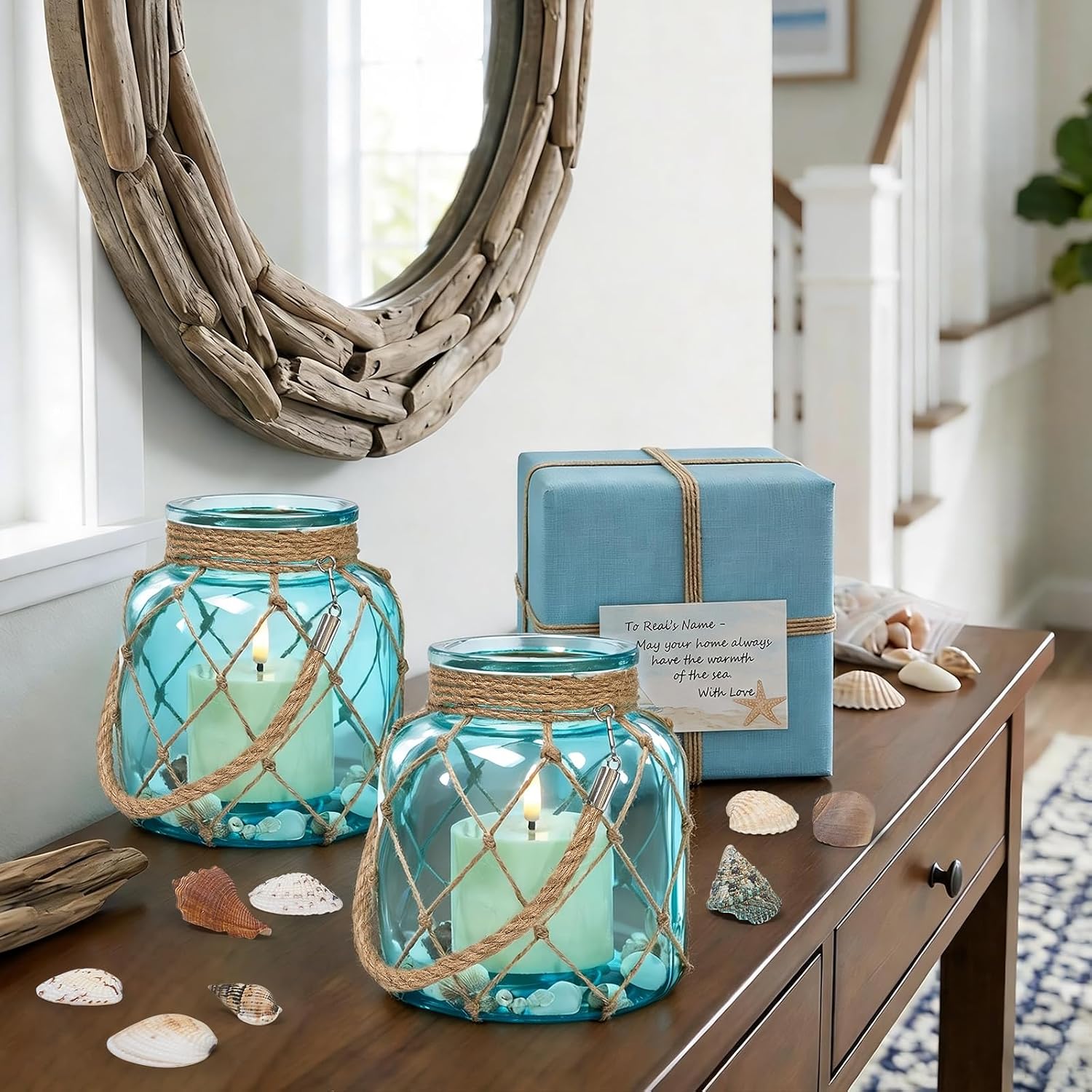2 Set of Nautical Candle Lanterns, Coastal Beach Decor Blue Glass Jars with Rope Handle, Flameless LED Candles and Sea Shells for DIY Room Centerpiece Bathroom Ocean Decoration