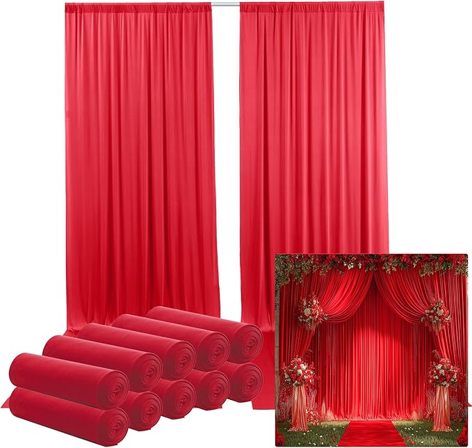 50ftx14FT Wrinkle Free Red Backdrop Curtain, 10 Panels 14FT Height Red Wedding Backdrop Drapes, Silky Polyester Back Drop Cloth for Birthday Photography Background Party Backdrop Draping