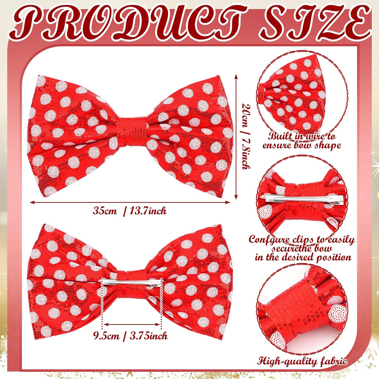 Suncalla Red and White Christmas Tree Topper Bow Tree Topper 14x8'' Large Red and White Polka-dot Sequin Bow for Indoor Outdoor Christmas Decoration Xmas Party Favors Holiday Treetop Decoration
