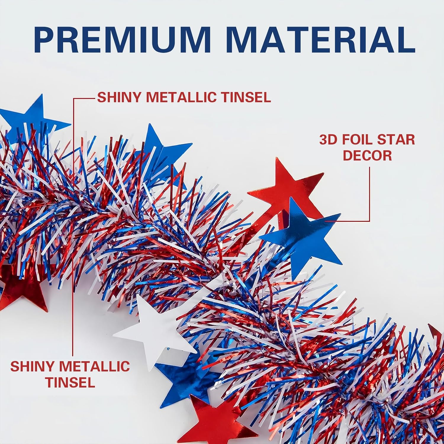 50 Ft Patriotic Glitter Tinsel Garland Decoration,4th of July Garland Decor for Car Tree Golf Cart Parade Float Bike,Independence Day Memorial Day Home Holiday Party Decor,Red White Blue