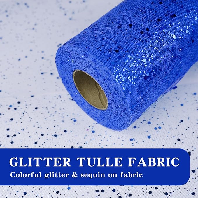 Glitter Tulle Rolls, 6” by 50 Yards (150FT) Sparkling Tulle Spool Ribbon Sequin Tulle Netting Fabric for Tutu Skirt Wedding Birthday Baby Shower(Royal Blue)