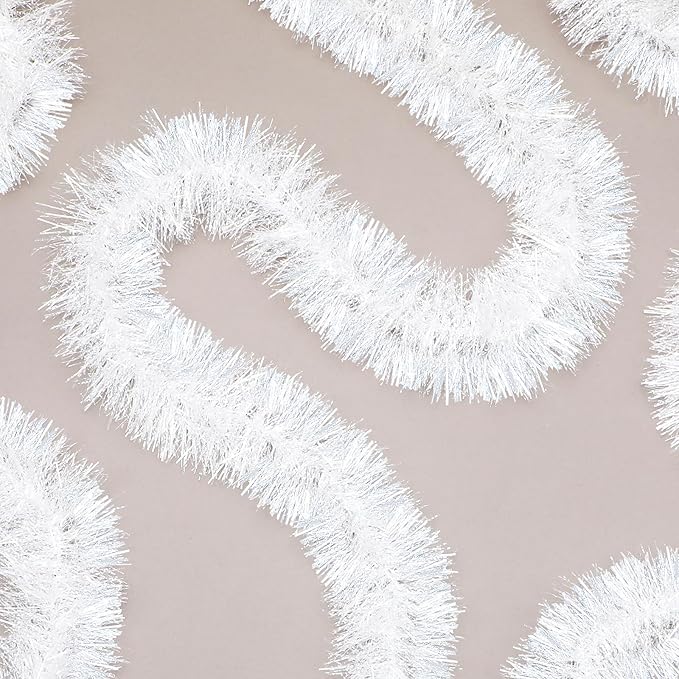 72 Feet Christmas Tinsel Garland Shiny Metallic Tinsel Twist Garland Streamers Ornaments Long Glitter Christmas Tree Hanging Decorations for Party Holiday Wedding Birthday Tree Wall Rail (Snowy White)