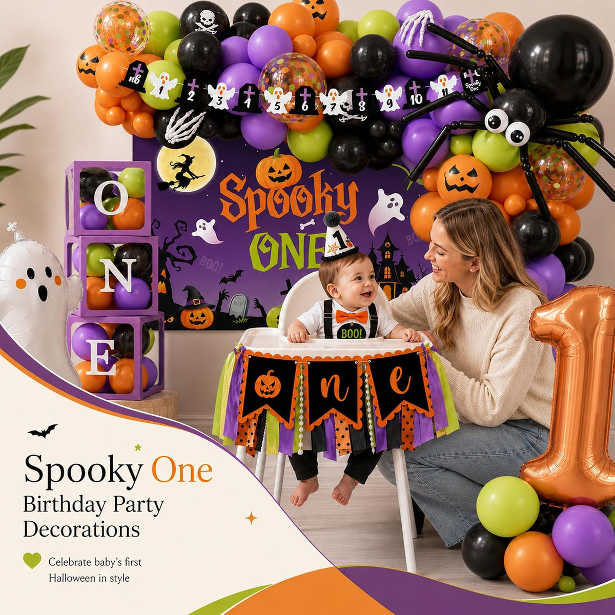 halloween 1st birthday party decorations,spooky one birthday supplies, close-up detail