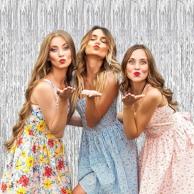 24 Pack Silver Metallic Foil Fringe Curtains, 3.2ft x 8.2ft Foil Fringe Curtain Backdrop Foil Streamers Party Supplies Tinsel Curtain Backdrop for Parties/Birthday/Halloween/Photo Booth