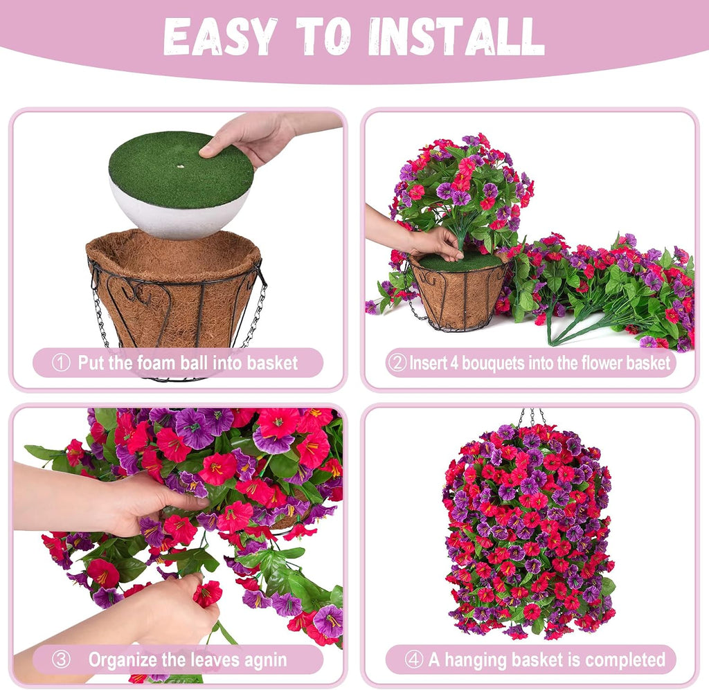 artificial flowers with hanging basket, outdoor faux plants, close-up detail