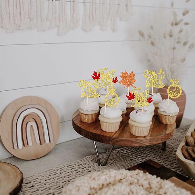 24 PCS Fall in Love Cupcake Toppers Glitter Maple Leaf Cupcake Picks Mr & Mrs Diamond I Do Cupcake Decorations for Autumn Wedding Engagement Bridal Shower Theme Party Cake Decorations Supplies
