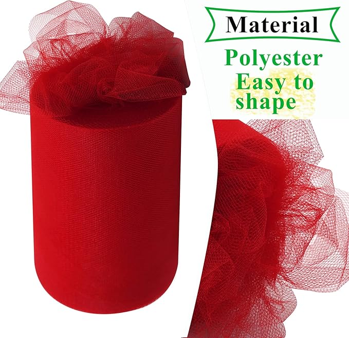 Red Tulle Fabric Rolls 6 Inch by 100 Yards (300 feet) Fabric Spool Tulle Ribbon for Christmas Gift Wrapping DIY Tutu Bow Baby Shower Birthday Party Wedding Decorations Craft Supplies