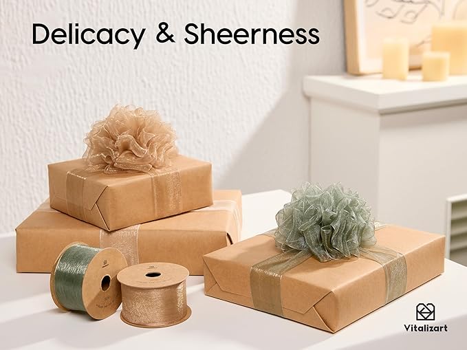 Vitalizart Organza Ribbon 1.5" x 30 Yd Cream White Rose Gold & Dusty Green Sheer Ribbons for Gift Wrapping Crafts Christmas Party Decor Bows Wedding Invitations Wreaths Bouquet