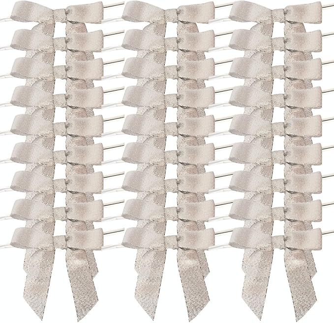 50pcs 2-1/2" Metallic Satin Silver Bows for Crafts Pretaied Christmas Bows with Twist Ties Hot Cut Tails for Christmas Decoration (Silver)