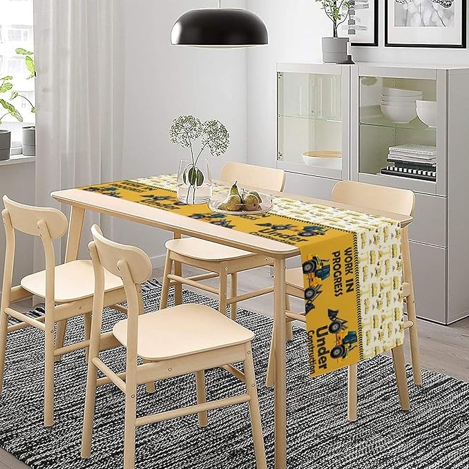 Cartoon Car Table Runner,Boys Kids Construction Vehicles Truck Yellow Print Tablecloth Burlap for Hotel Indoors Outdoor Dining Room Kitchen Home Decor,W13X L90 in