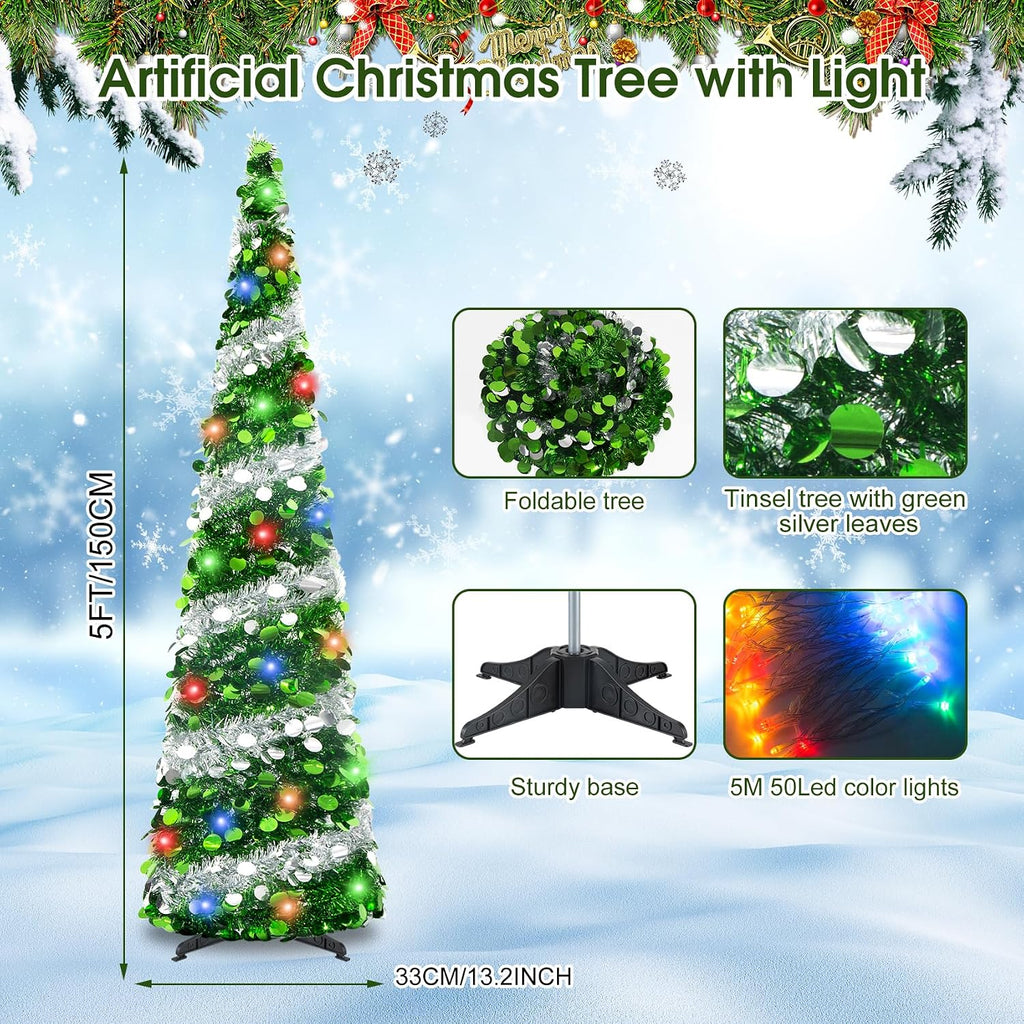5ft pop up christmas tree with lights, collapsible, close-up detail
