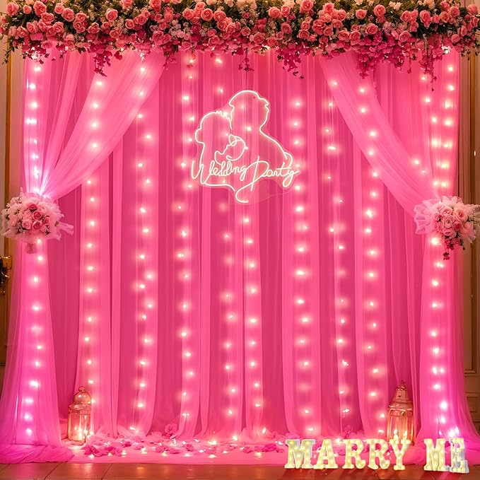 Hot Pink Tulle Backdrop Curtain with Lights for Parties 10x10ft Fuchsia Sheer Backdrop Curtains for Weddings Birthday Baby Shower Photo Shoot Background Decorations