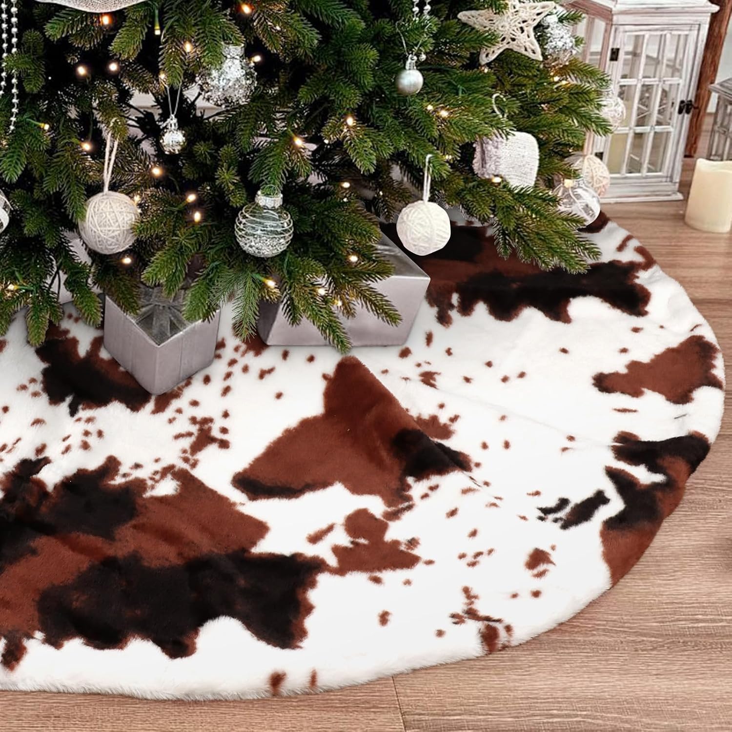 Christmas Tree Skirt Cow Print Faux Fur Folable Christmas Ring Tree Skirt for Artificial Trees Base Stand Cover Xmas Trees Decoration