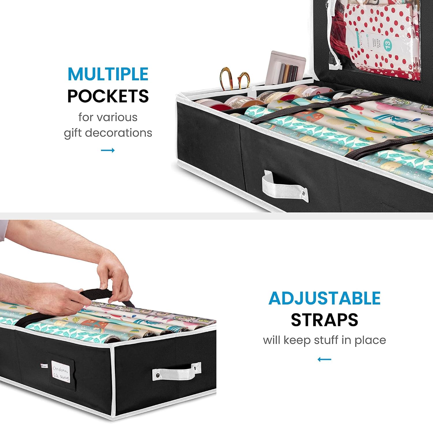 ZOBER 600D Oxford Gift Wrapping Paper Organizer Storage - 40" Gift Wrap Storage Containers with Interior Pockets for Bows, Tags & Ribbons - Wrapping Paper Holder, Fits 24 Standard Rolls, Black/White