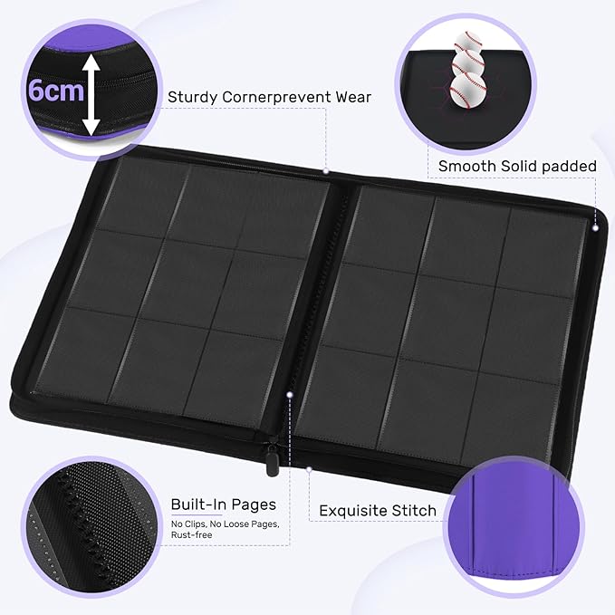 Trading Card Binder 9 Pocket, Zofly Zipper Card Collection Binder Album, Sturdy 540 Side-Loading Card Folder Holder for MTG, TCG, Sports Cards, Game Cards, Purple