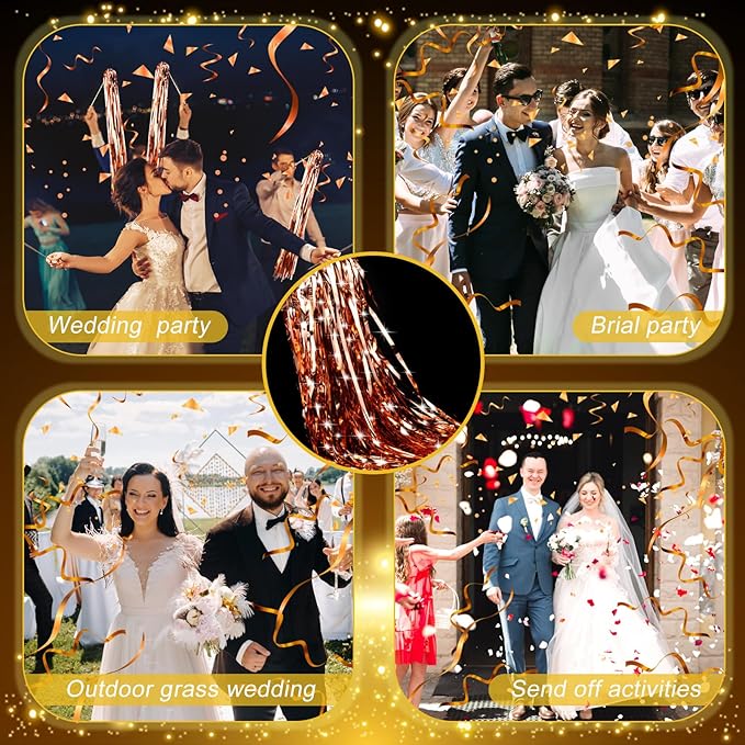 50 Pcs Wedding Fairy Wands with Bells Foil Tinsel Ribbon Stick Wands Tinsel Party Streamers with Bell Glittery Bridal Wedding Send Off Ideas Holiday Celebration (Rose Gold)