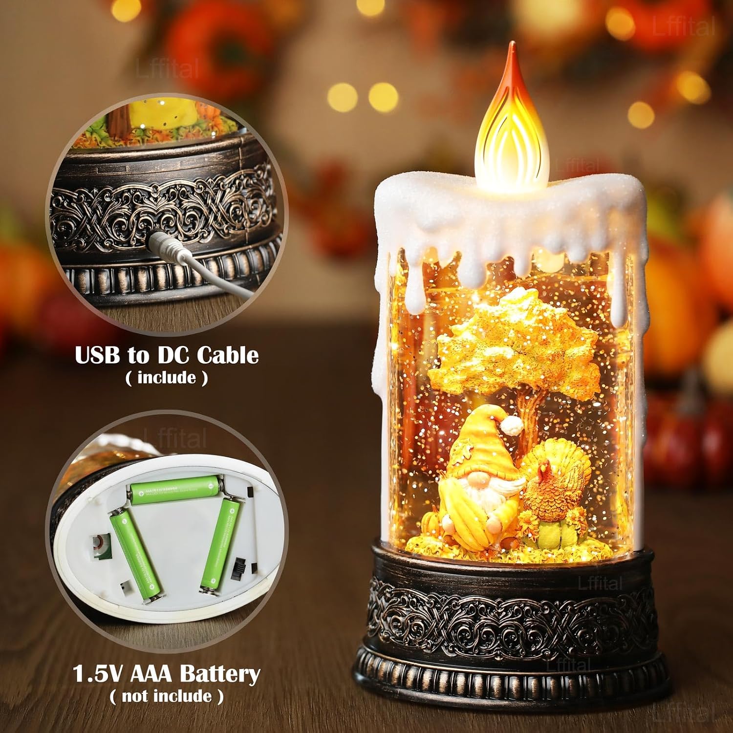Fall Snow Globe Lantern Fall Decor Candle Shape with Gnome and Turkey, Lighted Thanksgiving Decorations with Timer Swirling Glitter for Tabletop Autumn Festival Harvest Day