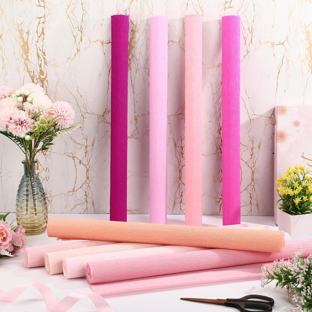 Kisston 18 Rolls Crepe Paper Roll 20 Inch 8 Feet Wide Crepe Paper Streamer 70g DIY Flower Wrapping Supplies for Birthday Party Wedding Festival Ornament (Pink)