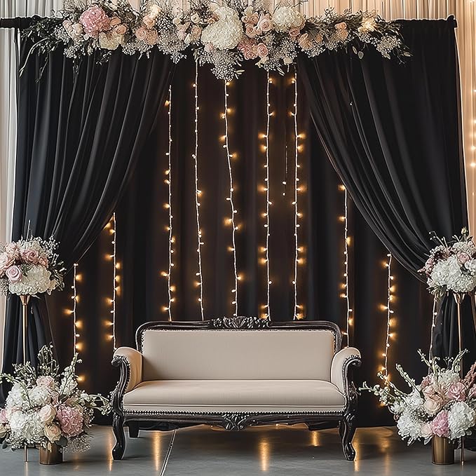 10ftx14FT Wrinkle Free Black Backdrop Curtain, 2 Panels 14FT Height Black Wedding Backdrop Drapes, Silky Polyester Back Drop Cloth for Birthday Photography Background Party Backdrop Draping